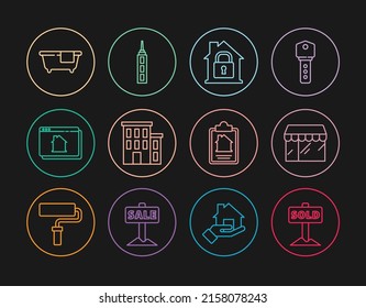 Fijar el signo de colgante con texto Vendido, Tienda de mercado, Casa bajo protección, Casa inmobiliaria en línea, Bañera, contrato e icono de rascacielos. Vector