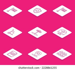Set line Hanging sign with text Sold, House shield, Sale, Hand truck and boxes, Monitor house heart shape, contract and Map pointer icon. Vector