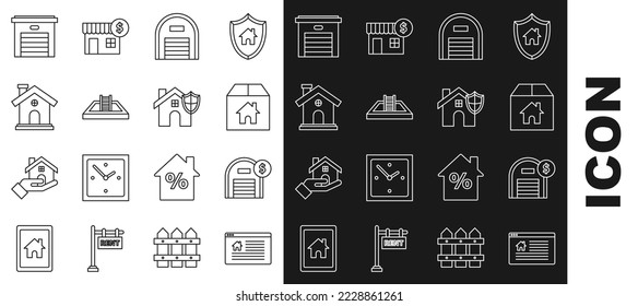 Fijar el símbolo de la línea Colgando con texto Venta en línea, símbolo del dólar de almacén, Caja de cartón, Escalera de la piscina, Casa, Garaje e icono del escudo. Vector