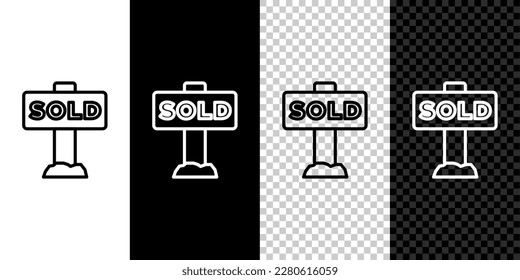 Set line Hanging sign with text Sold icon isolated on black and white, transparent background. Sold sticker. Sold signboard.  Vector