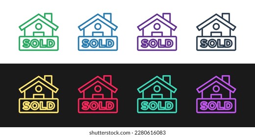 Set line Hanging sign with text Sold icon isolated on black and white background. Sold sticker. Sold signboard.  Vector