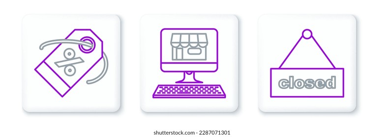 Set line Hanging sign with text Closed, Discount percent tag and Shopping building on screen computer icon. Vector