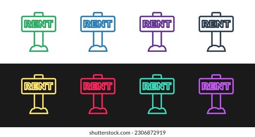Set line Hängezeichen mit Text Rent Symbol einzeln auf schwarz-weißem Hintergrund. Unterschrift mit Text zur Miete.  Vektorgrafik
