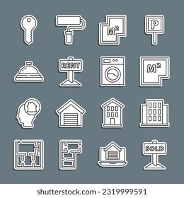 Set line Hanging sign with text Sold, House, plan, Rent, Hotel service bell, key and Washer icon. Vector