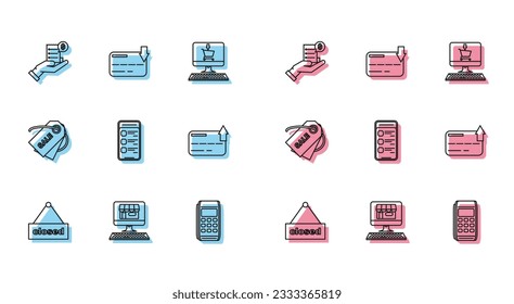 Fijar el signo de la cola con el texto Cerrado, Mano humana con recibo o factura en blanco para el pago, Terminal Pos, Teléfono móvil de compras en línea, Tarjeta de crédito, Inscripción de etiqueta de precio Venta e icono. Vector