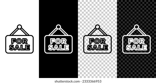 Set line Hanging sign with text For Sale icon isolated on black and white, transparent background. Signboard with text For Sale.  Vector