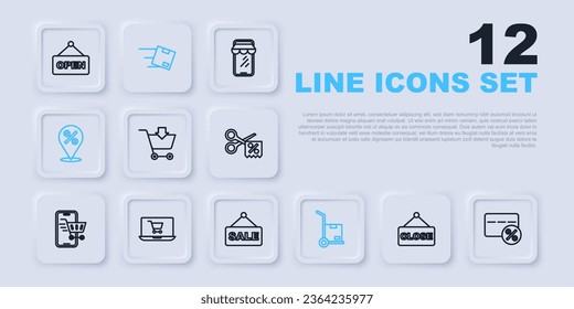 Fijar el signo de la línea Colgando con el texto Cerrado, Porcentaje de la tarjeta de descuento, Añadir al carro de la compra, Camión de mano y cajas, Ubicación, portátil de pantalla, cartón y icono de venta. Vector