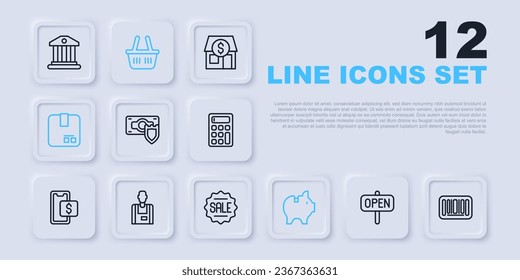 Fijar el signo de la línea Colgando con el texto Abrir, Código de barras, escudo de dinero, banco de cerdos, caja de cartón, Vendedor, cesta de compras y icono de venta de la etiqueta de precio. Vector