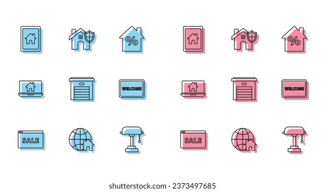 Set line Hanging sign with text Online Sale, Globe house symbol, Tablet and smart home, lamp, Garage, Doormat the Welcome, Laptop and House shield icon. Vector