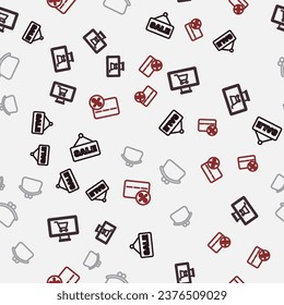 Setzen Sie das Zeilenänderungszeichen mit Text Sale, Warenkorb auf Monitor, Brieftasche und Rabatt Karte Prozent auf nahtloses Muster. Vektorgrafik