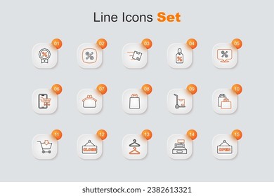 Set line Hanging sign with text Open, Cash register machine, Hanger wardrobe, Closed, Add to Shopping cart, Paper shopping bag, Hand truck and boxes and  icon. Vector