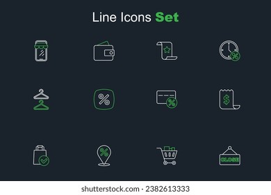 Set line Hanging sign with text Closed, Shopping cart and food, Location percent, Paper shopping bag, check financial check, Discount card, tag and Hanger wardrobe icon. Vector