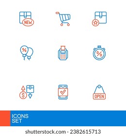 Set line Hanging sign with text Open, Mobile shopping, Tax cardboard box, Stopwatch percent discount, Discount tag, POS terminal, Carton and Shopping cart icon. Vector