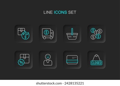 Set line Hanging sign with text Closed, Credit card, Angry customer, Cardboard box discount, Dollar symbol, Shopping basket, Armored truck and Hot price icon. Vector