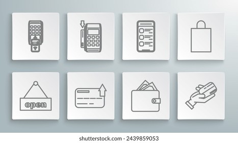 Set line Signo colgante con texto Puerta abierta, mano humana sosteniendo, compras en línea teléfono móvil, bolsa de papel y POS impreso recibo confirma el pago por el icono del teléfono inteligente. Vector