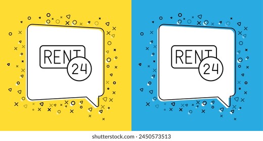 Set line Hanging sign with text Rent icon isolated on yellow and blue background. Signboard with text For Rent.  Vector