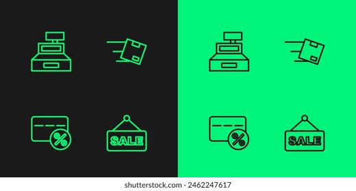 Set line Hanging sign with text Sale, Discount card percent, Cash register machine and Location cardboard box icon. Vector