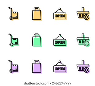 Set line Hanging sign with text Open, Hand truck and boxes, Paper shopping bag and Add to Shopping basket icon. Vector