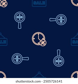 Set line Hanging sign with text Sale, Magnifying glass percent and Clock and discount on seamless pattern. Vector