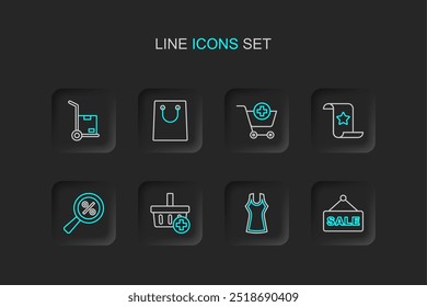 Set line Letrero colgante con texto Venta, Vestido de mujer, Añadir a la cesta de la compra, Porcentaje de lupa, Cheque de papel y cheque financiero, Carrito, bolso de compras y icono de cajas de camión de mano. Vector