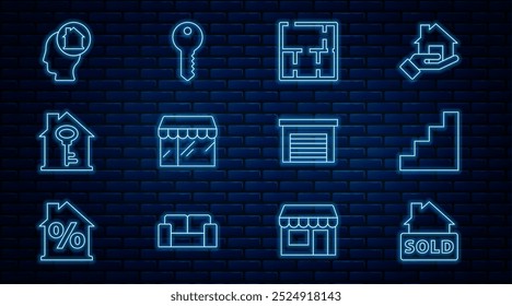 Set line Hanging sign with text Sold, Staircase, House plan, Market store, key, Man dreaming about buying house, Garage and  icon. Vector