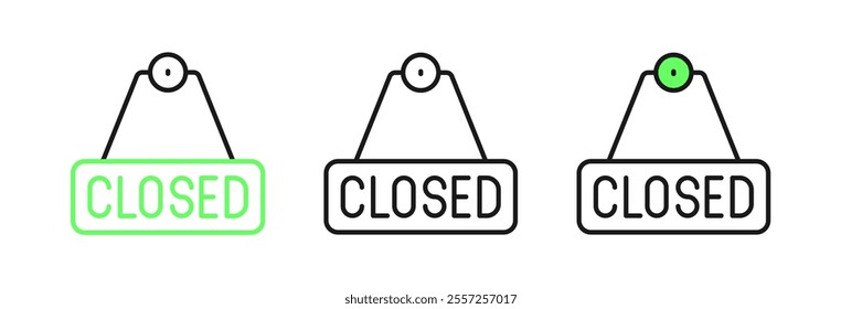 Set line Hanging sign with text Closed icon isolated on white background. Business theme for cafe or restaurant.  Vector