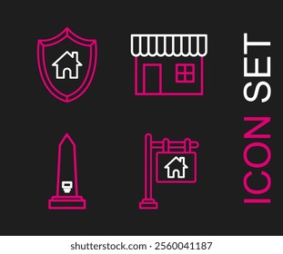 Set line Hanging sign with text Sale, Washington monument, Shopping building or market store and House shield icon. Vector