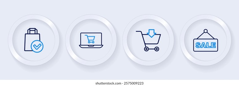 Set line Hanging sign with text Sale, Add to Shopping cart, on screen laptop and Paper shopping bag icon. Vector