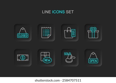 Set line Hanging sign with text Open, Auction hammer, New collection, Stacks paper money cash, Gift box, Shopping list, Wish template and Closed icon. Vector