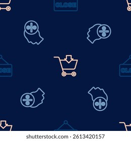 Set line Hanging sign with text Closed, Discount percent tag and Add to Shopping cart on seamless pattern. Vector