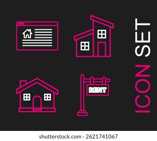 Fije el cartel colgante de la línea con el icono del alquiler, de la casa, y de la venta en línea del texto. Vector