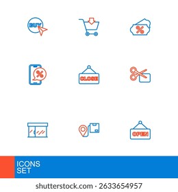 Set line Letrero colgante con texto Abierto, caja de cartón de Locación, tienda de mercado, tijeras corta Cupón de descuento, Porcentaje de teléfono, Cerrado, Porcentaje de descuento y Añadir Carrito de compras. Vector