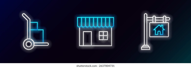 Set line Hanging sign with text Sale, Hand truck and boxes and Shopping building or market store icon. Glowing neon. Vector