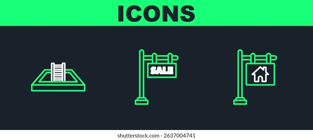Set line Hanging sign with text Sale, Swimming pool ladder and  icon. Vector