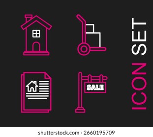 Set line Letrero colgante con texto Venta, contrato de la casa, camión de mano y cajas e icono de símbolo de la casa. Vector