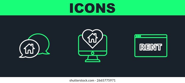 Fije la línea Signo colgante con el texto Alquiler en línea, burbuja del discurso del edificio de la casa y el icono de la forma del corazón de la casa del monitor. Vector