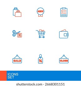 Set line Signo colgante con texto Cerrado, descuento por ciento de la etiqueta, Venta, Cartera, Tijeras corta descuento Cupón, Carrito de compras y alimentos, lista de verificación de Portapapeles y Precio Nuevo icono. Vector