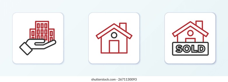 Set line Hanging sign with text Sold, Skyscraper and House icon. Vector