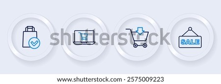 Set line Hanging sign with text Sale, Add to Shopping cart, on screen laptop and Paper shopping bag icon. Vector