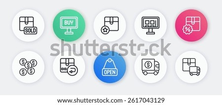Set line Hanging sign with text Open, Cardboard box discount, Dollar symbol, Armored truck, Online shopping on screen, Carton cardboard, Delivery cargo and Return icon. Vector