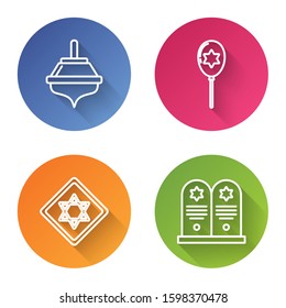 Set line Hanukkah dreidel, Balloons with ribbon with star of david, Star of David and Tombstone with star of david. Color circle button. Vector