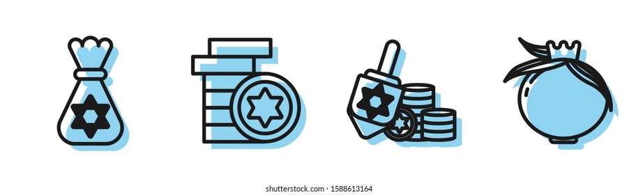 Set line Hanukkah dreidel and coin, Jewish money bag with star of david, Jewish coin and Pomegranate icon. Vector