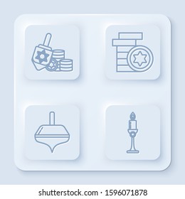 Set line Hanukkah dreidel and coin, Jewish coin, Hanukkah dreidel and Burning candle in candlestick. White square button. Vector