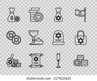Set line Hanukkah dreidel and coin, Jewish, money bag with star of david, Torah scroll, goblet hanukkah sufganiyot,  and Shopping icon. Vector
