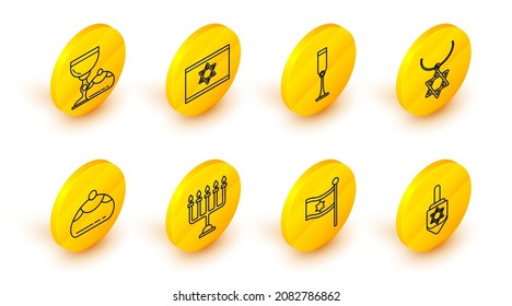 Set line Hanukkah dreidel, Flag of Israel, menorah, Jewish sweet bakery, Star David necklace on chain, goblet,  and and hanukkah sufganiyot icon. Vector