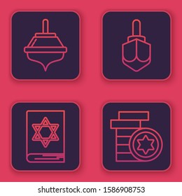 Set line Hanukkah dreidel, Jewish torah book, Hanukkah dreidel and Jewish coin. Blue square button. Vector