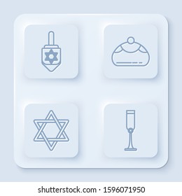 Set line Hanukkah dreidel, Jewish sweet bakery, Star of David and Jewish goblet. White square button. Vector