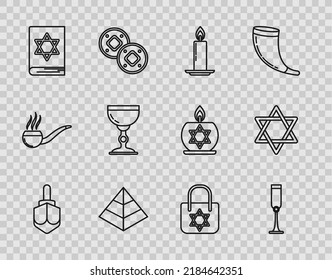 Set line Hanukkah dreidel, Jewish goblet, Burning candle in candlestick, Egypt pyramids, torah book, Shopping bag with star of david and Star David icon. Vector
