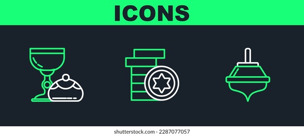 Set line Hanukkah dreidel, Jewish goblet and hanukkah sufganiyot and coin icon. Vector
