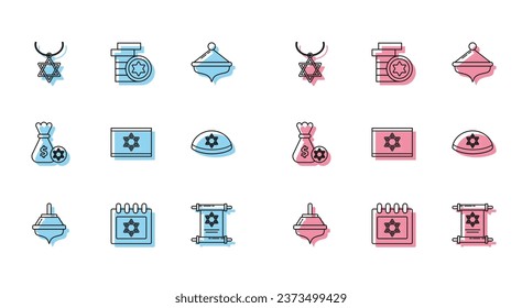 Fijar la línea Hanukkah dreidel, calendario judío con estrella de david, collar de Star David en cadena, pergamino de Torah, Bandera Israel, kippa, bolsa de dinero y moneda e icono. Vector